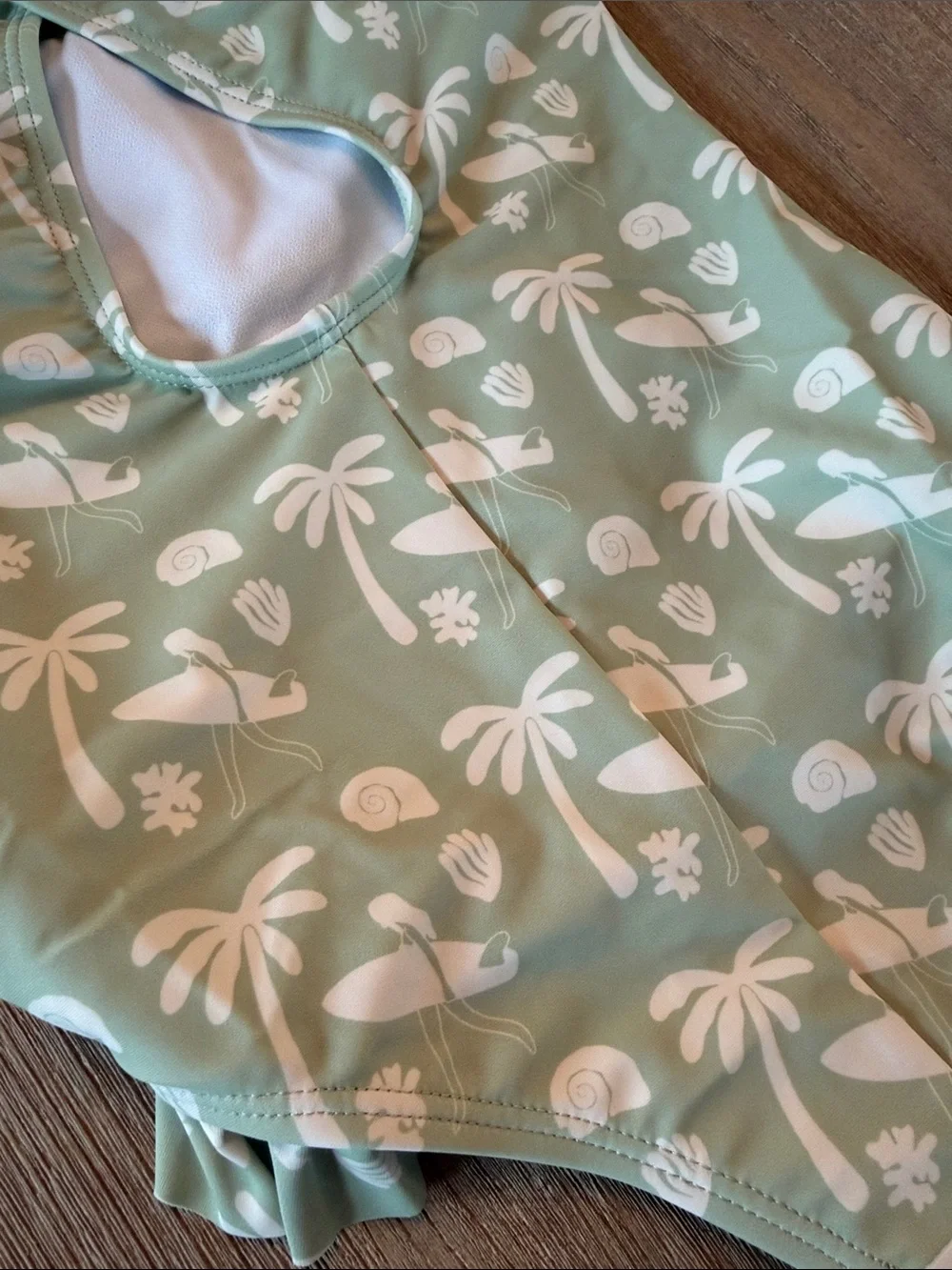 Girls' Mint Green Palm-Print One-Piece Swimsuit with Ruffle Trim